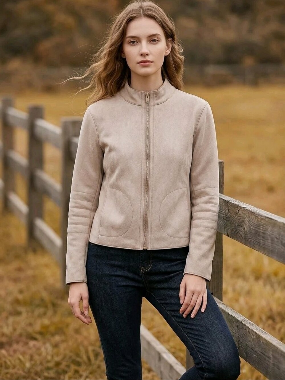 Dalia Beige Suede Bomber Jacket